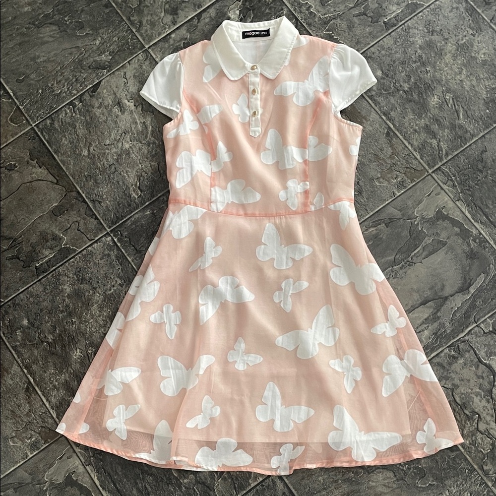 MOGAO Women’s Blush Pink & White Butterfly A-line Dress Cap Sleeves Preppy Fairy